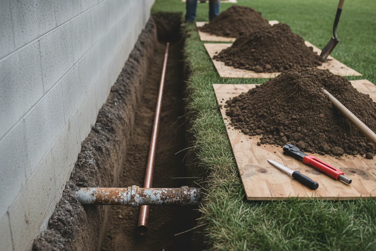 Excavated water line trench during Sewer Line Repair in Van Dyne